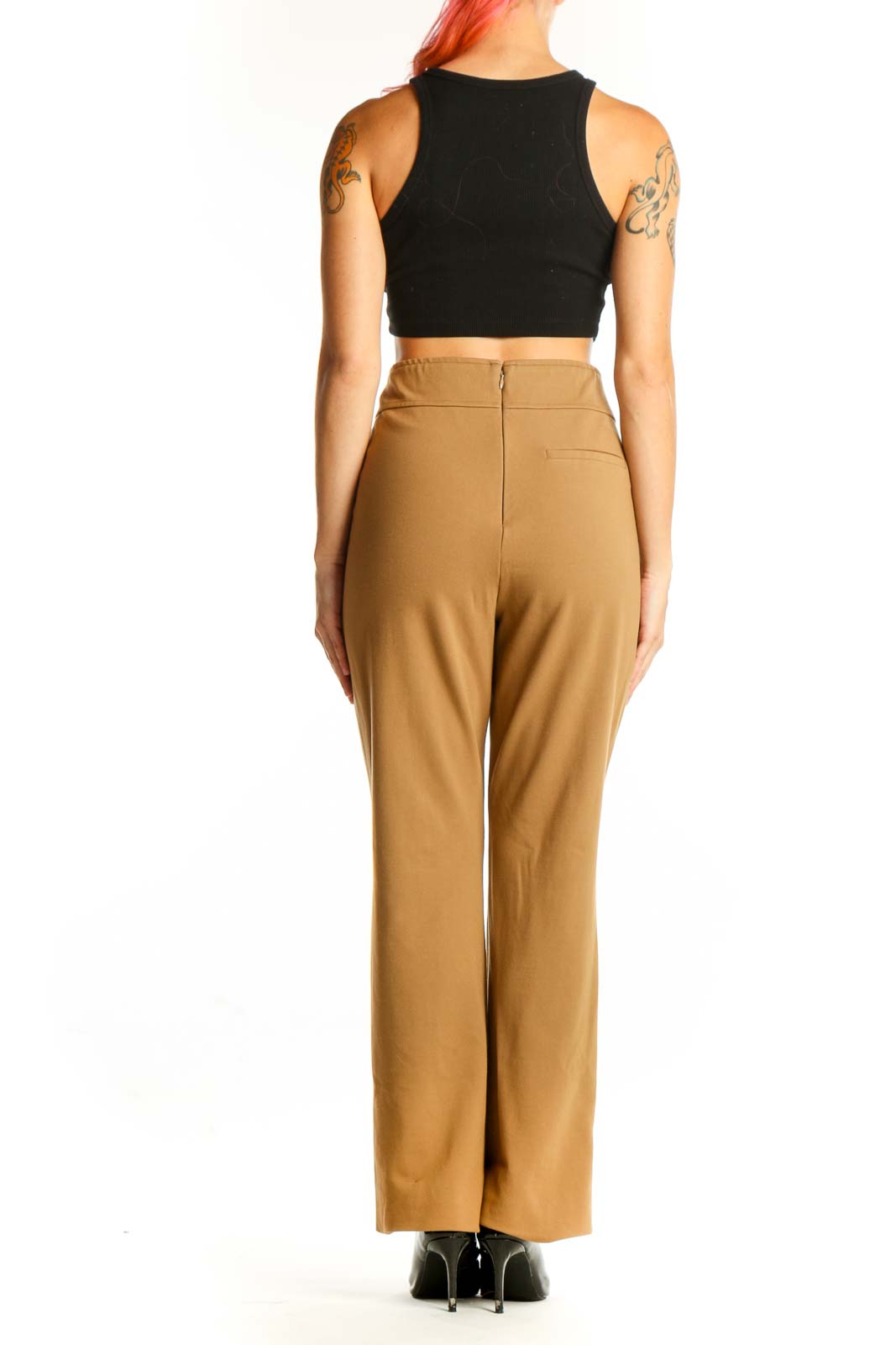 Back view of J.Crew camel wide-leg viscose pants on model with black crop top