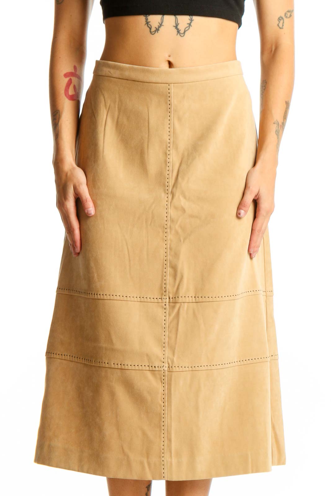 Front view of Lennie tan suede-look midi skirt with stitching details
