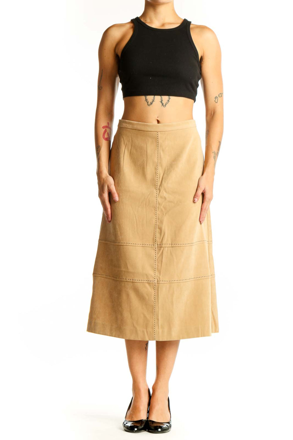 Front view of Lennie tan suede-look midi skirt with stitching details