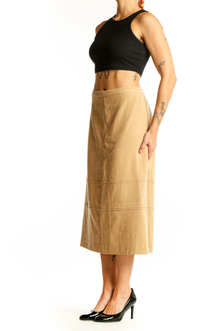 Front view of Lennie tan suede-look midi skirt with stitching details