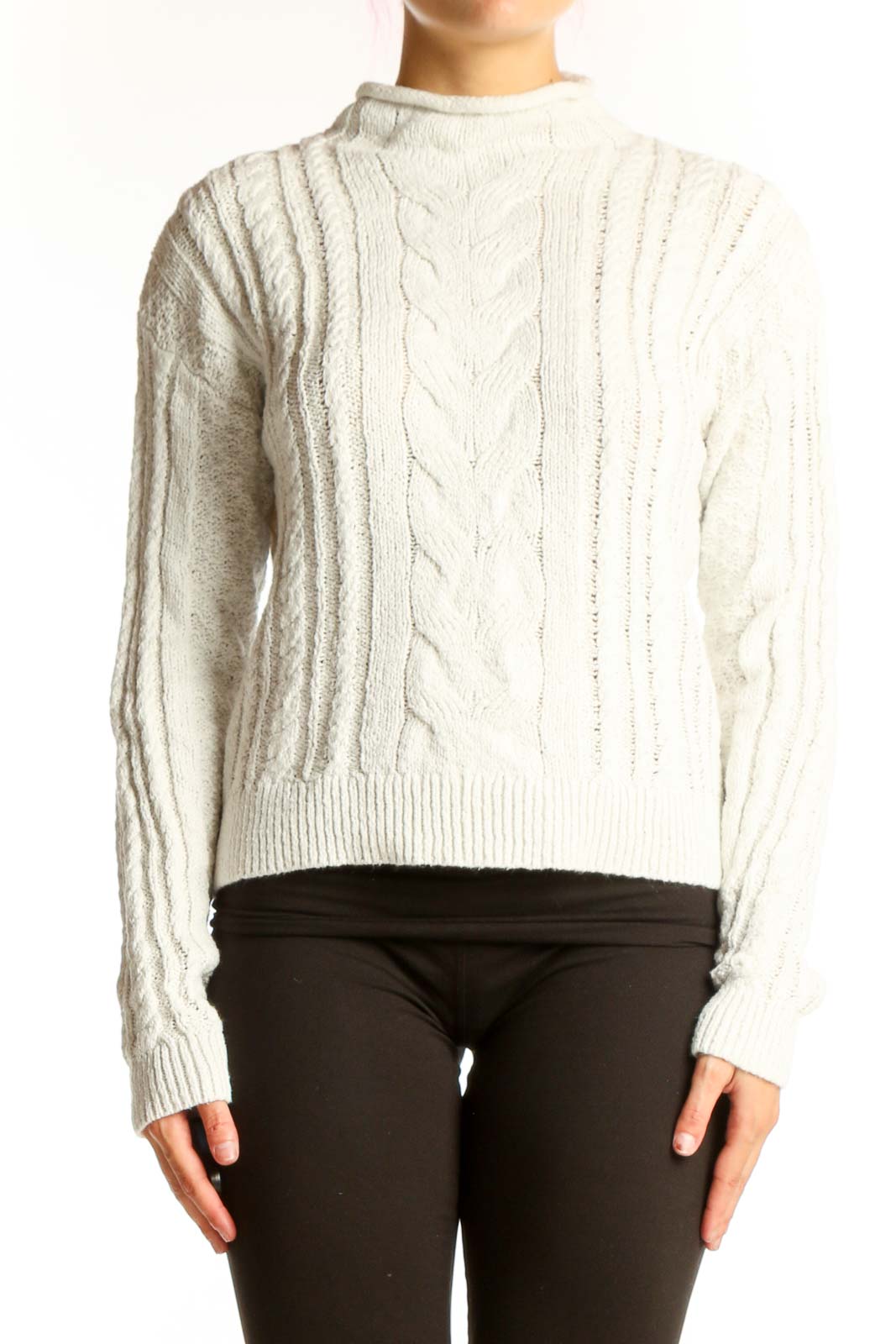 Front view of cream J.Crew cable knit mock neck sweater