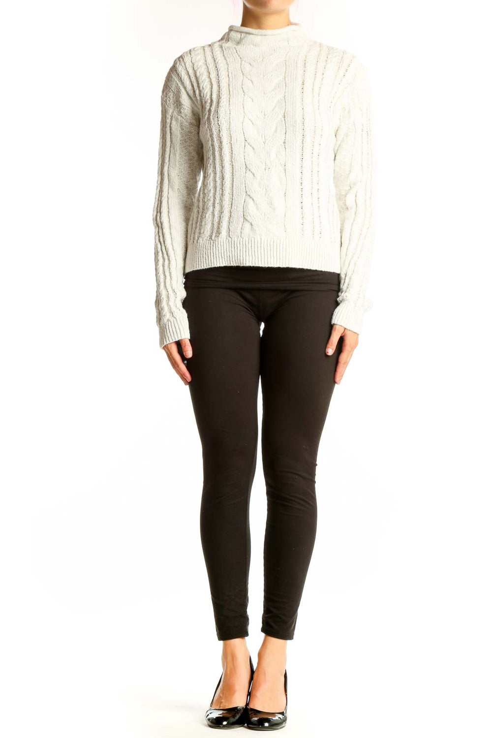 Front view of cream J.Crew cable knit mock neck sweater