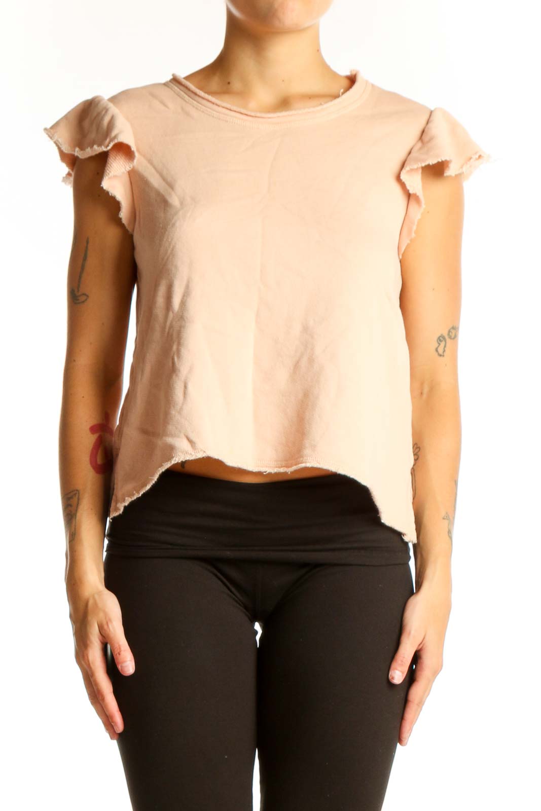 Front view of blush Joie cotton top with ruffled cap sleeves