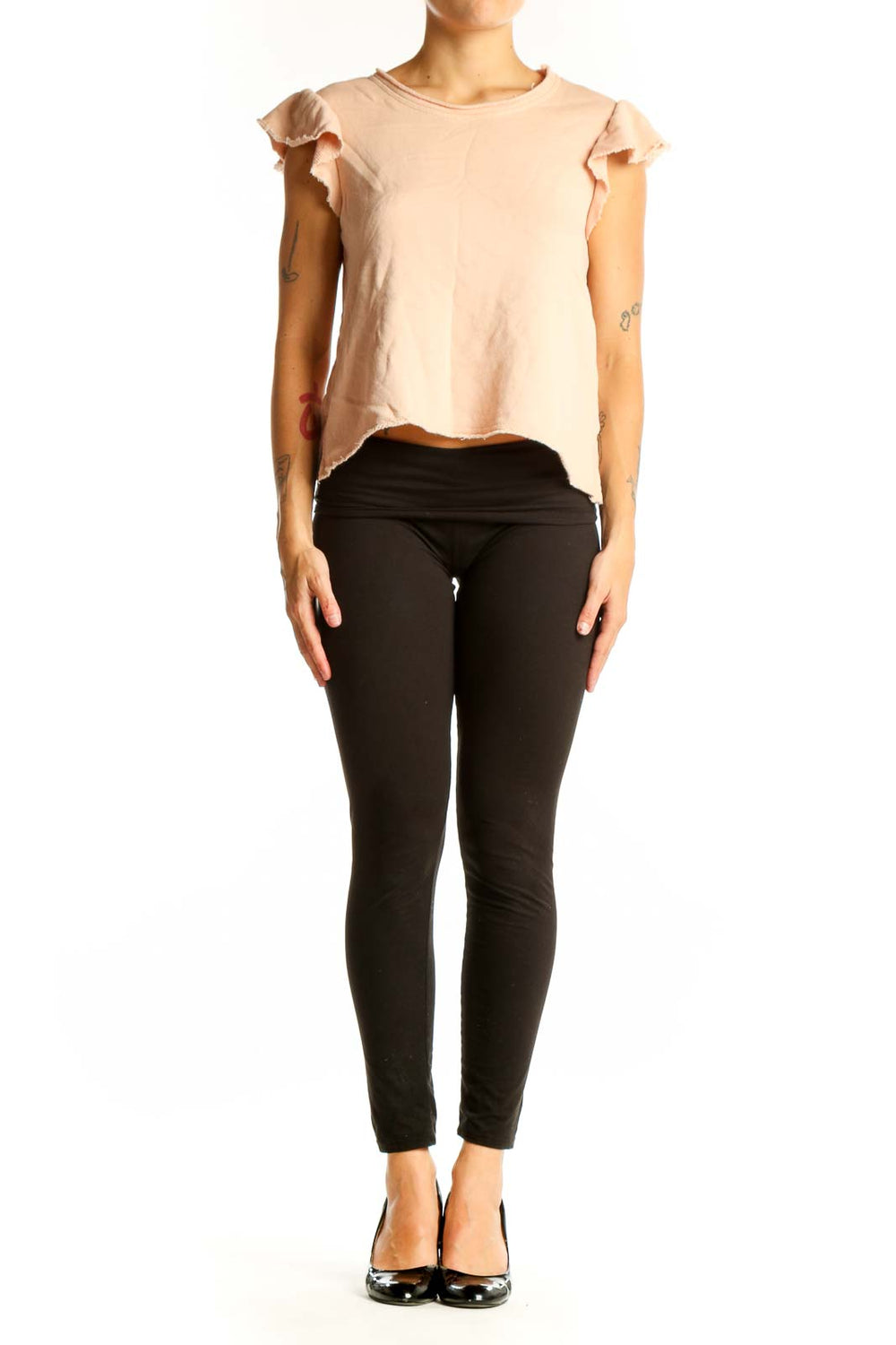 Front view of blush Joie cotton top with ruffled cap sleeves