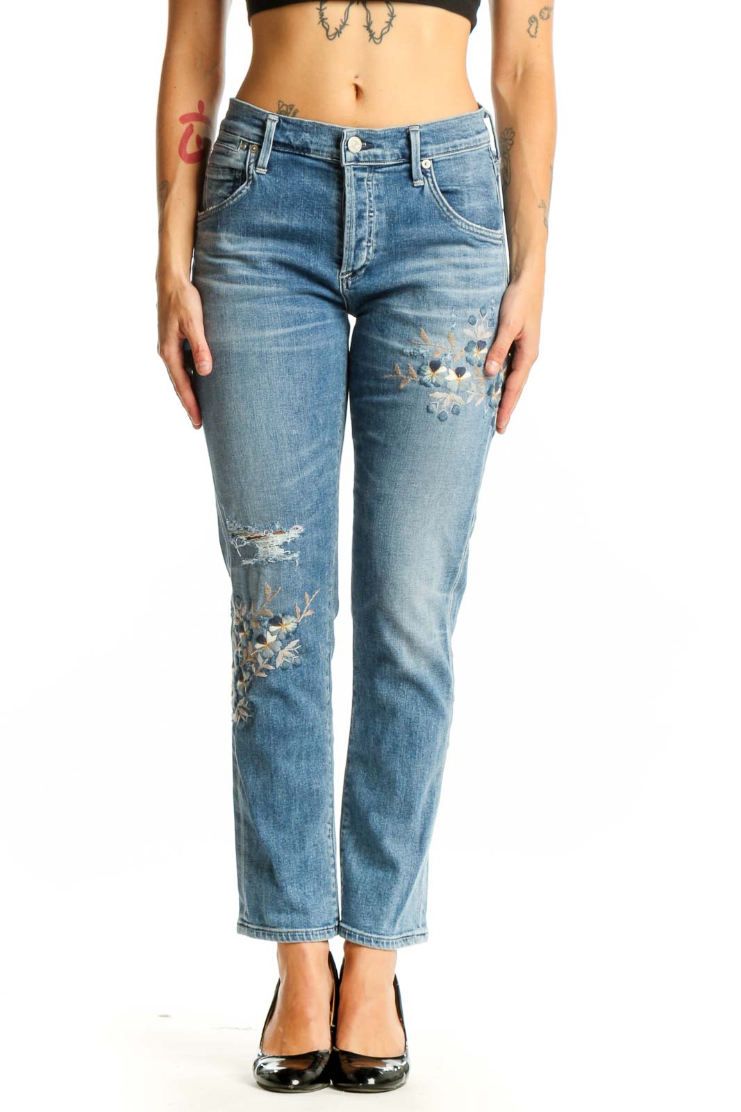 Front view of Citizens of Humanity blue embroidered straight leg jeans with distressing
