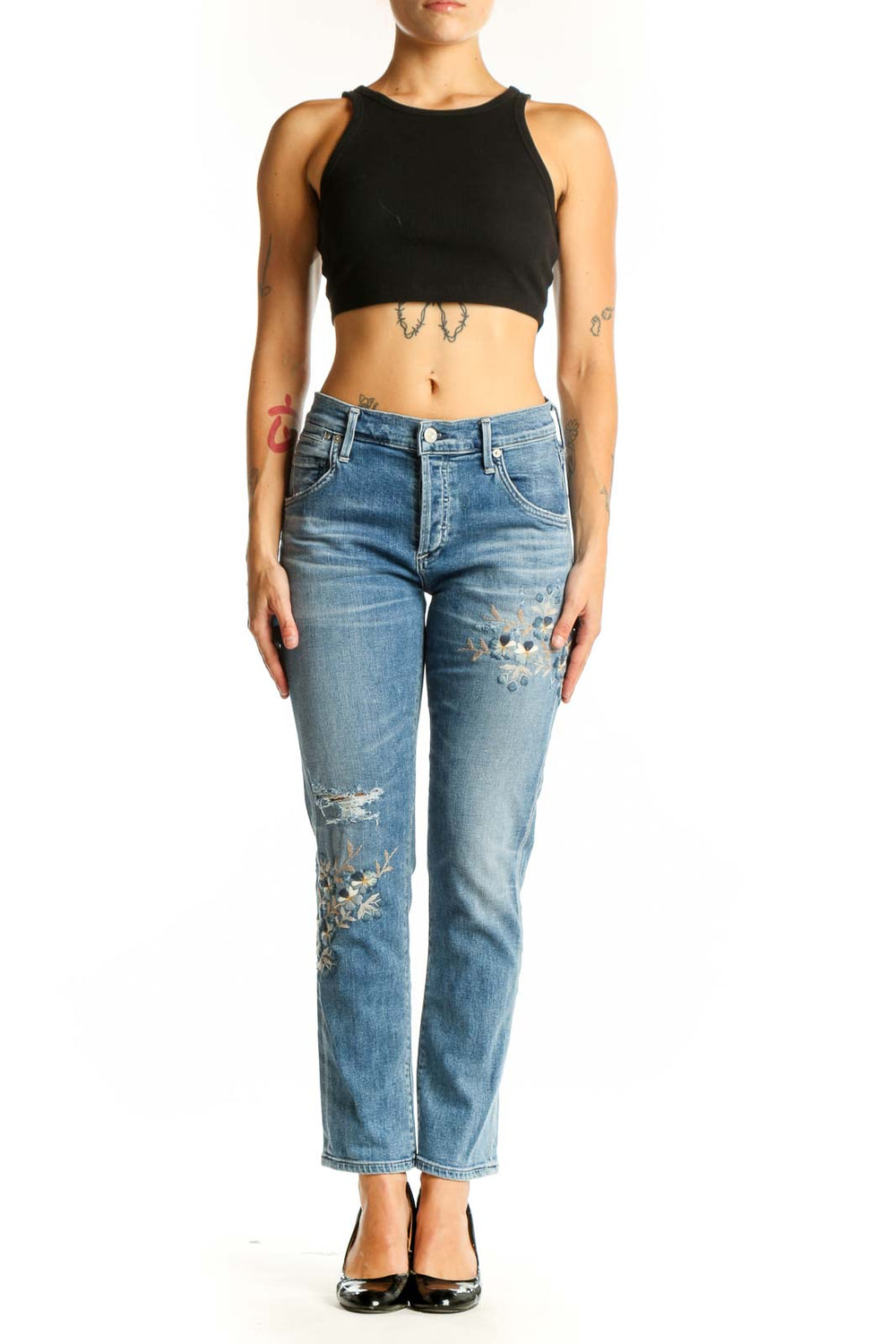 Front view of Citizens of Humanity blue embroidered straight leg jeans with distressing