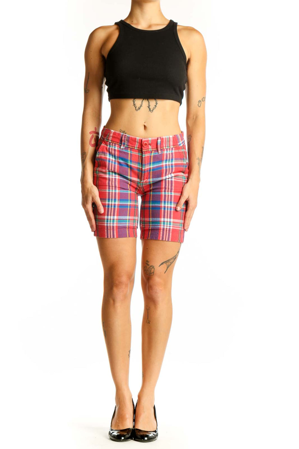 Front view of red plaid J.Crew shorts with button closure