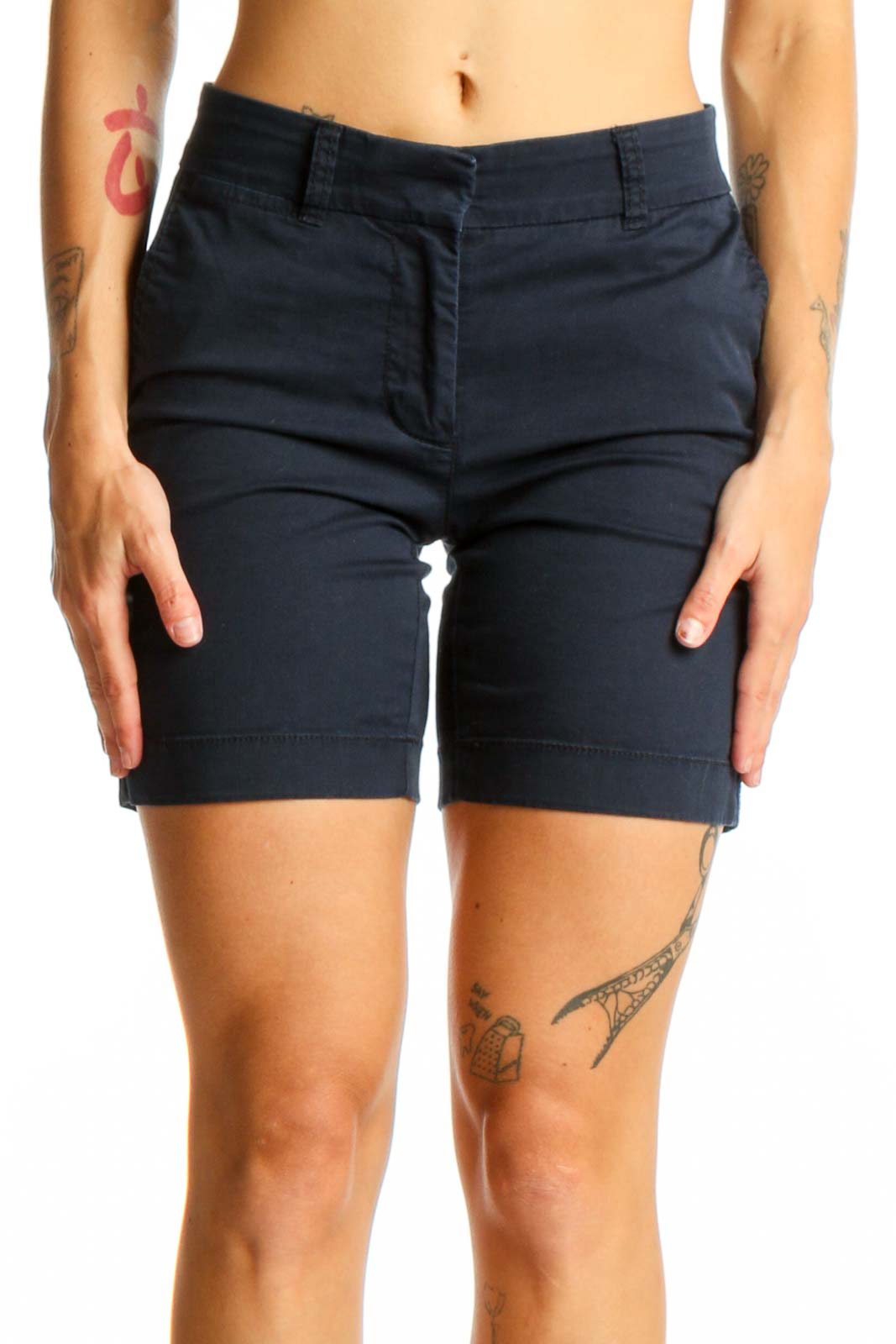 Front view of J.Crew navy cotton chino shorts