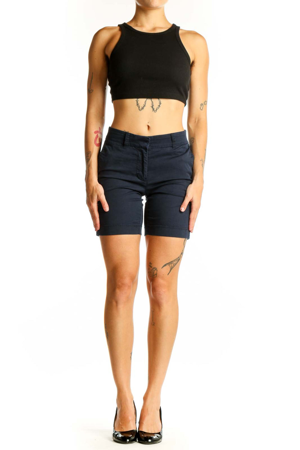 Front view of J.Crew navy cotton chino shorts