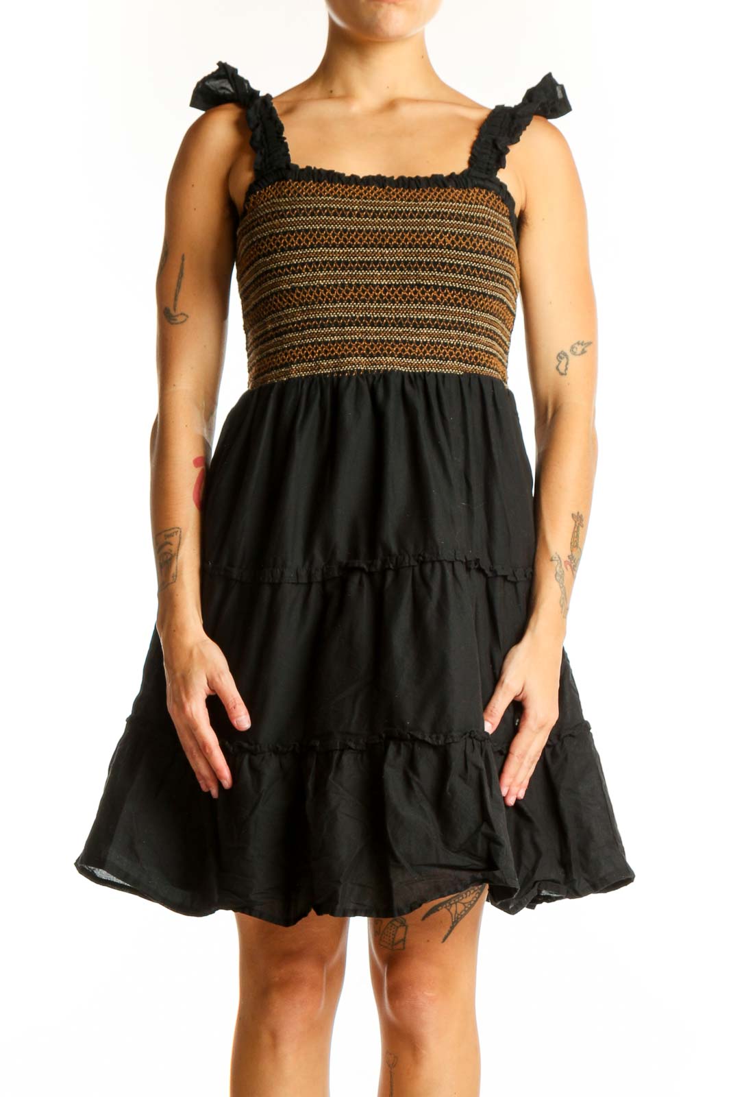 Front view of J.Crew Black and Brown Striped Cotton Sundress with smocked bodice and tiered skirt