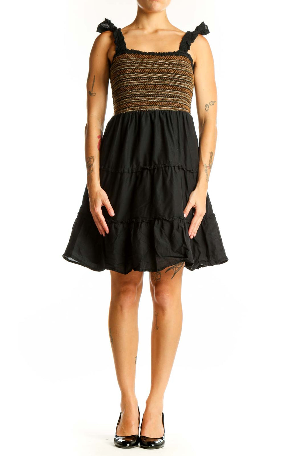 Front view of J.Crew Black and Brown Striped Cotton Sundress with smocked bodice and tiered skirt