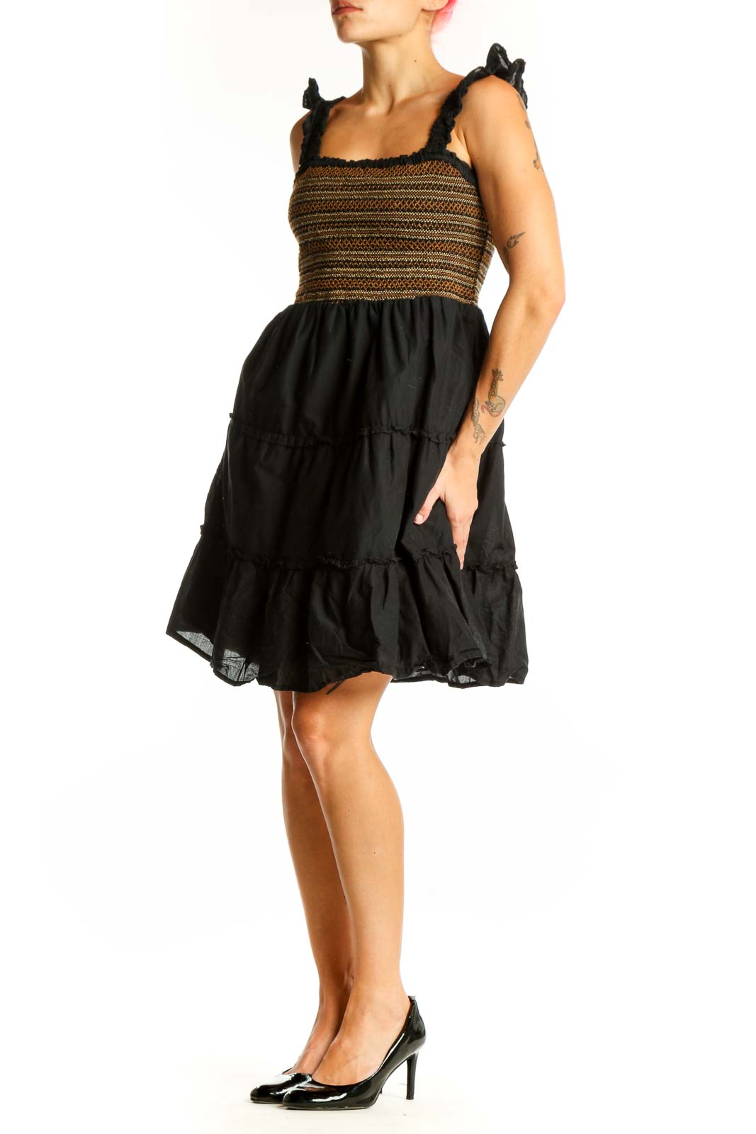 Front view of J.Crew Black and Brown Striped Cotton Sundress with smocked bodice and tiered skirt