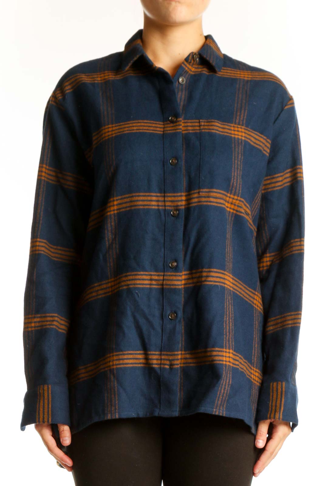 Front view of Madewell navy plaid cotton button-down shirt
