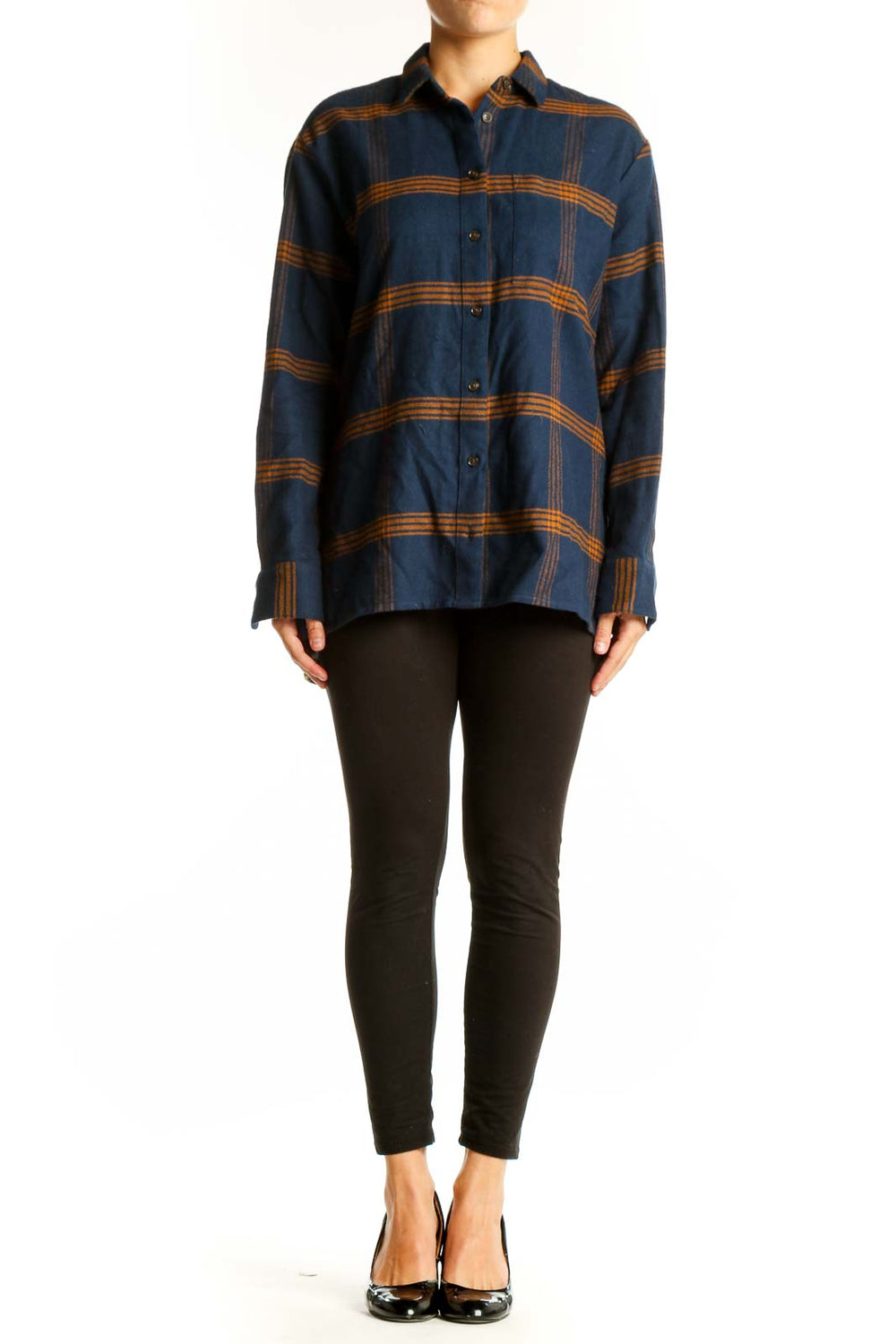 Front view of Madewell navy plaid cotton button-down shirt