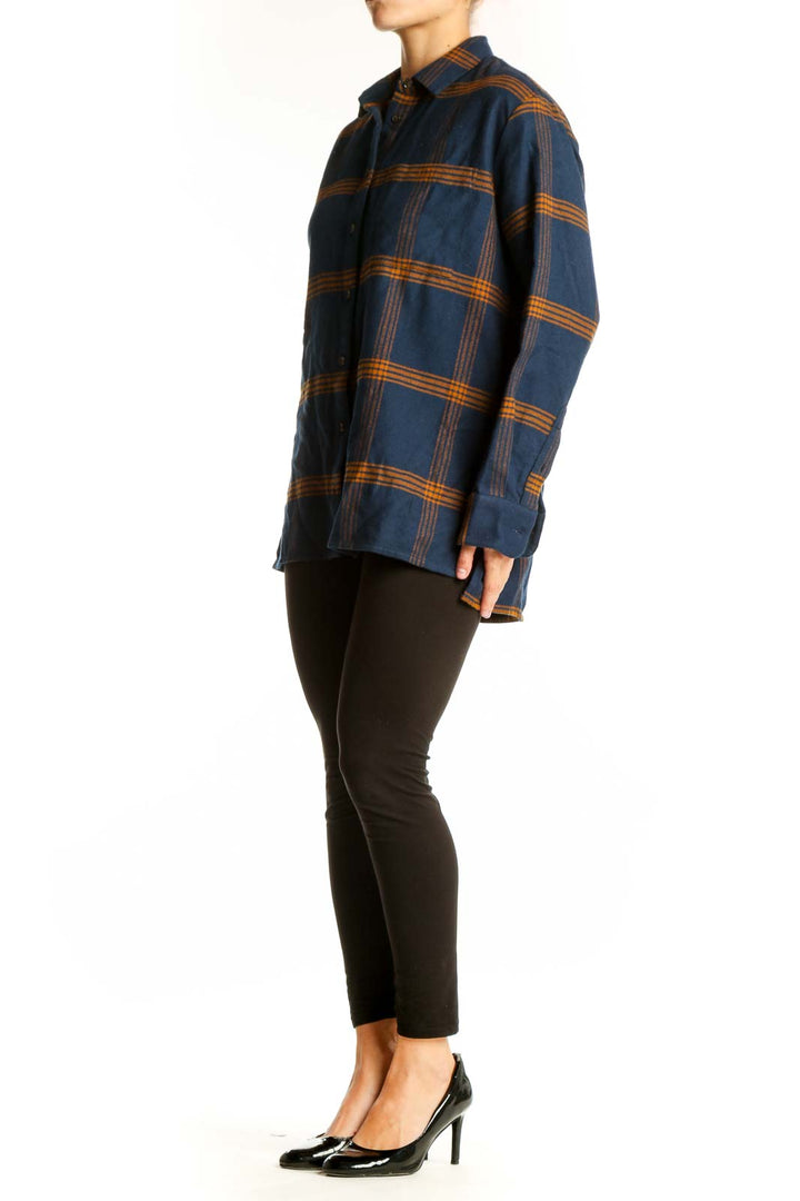 Front view of Madewell navy plaid cotton button-down shirt