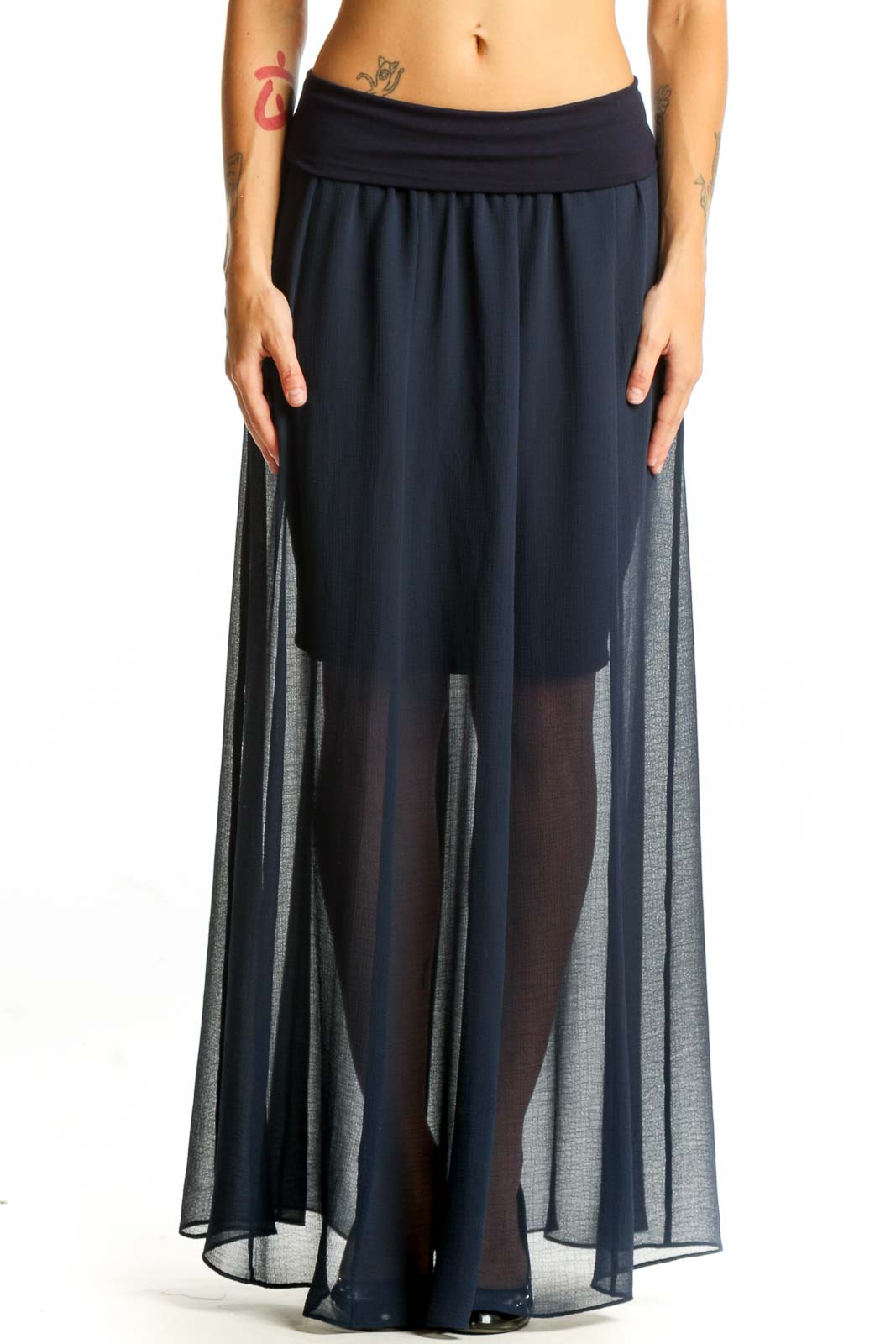 Front view of Vince Camuto navy sheer maxi skirt with high waist