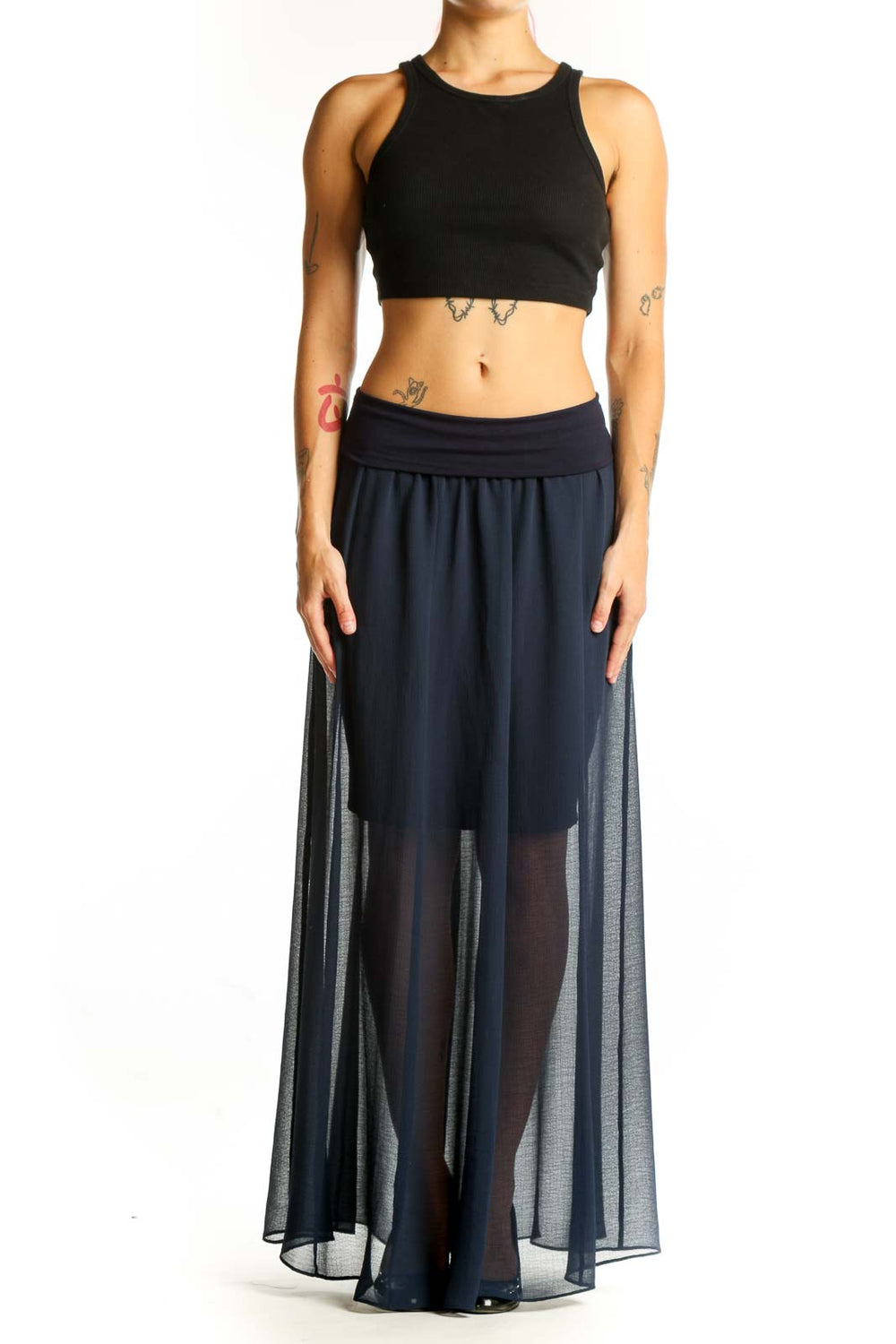 Front view of Vince Camuto navy sheer maxi skirt with high waist