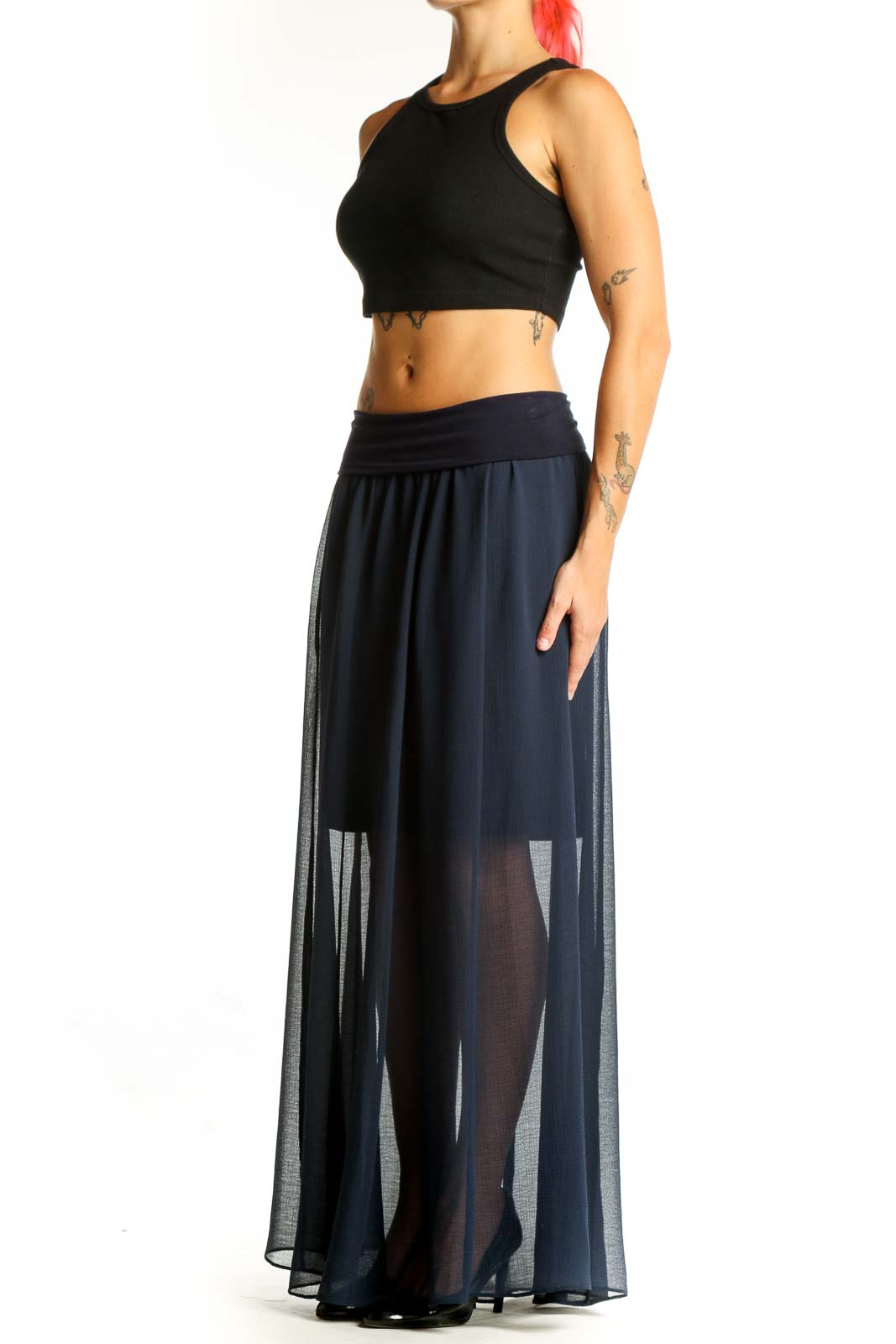Front view of Vince Camuto navy sheer maxi skirt with high waist