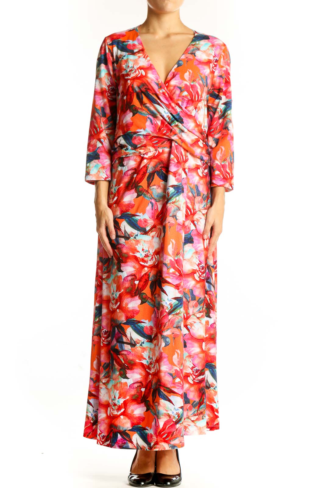 Front view of Red Floral Wrap Maxi Dress from Soft Surroundings