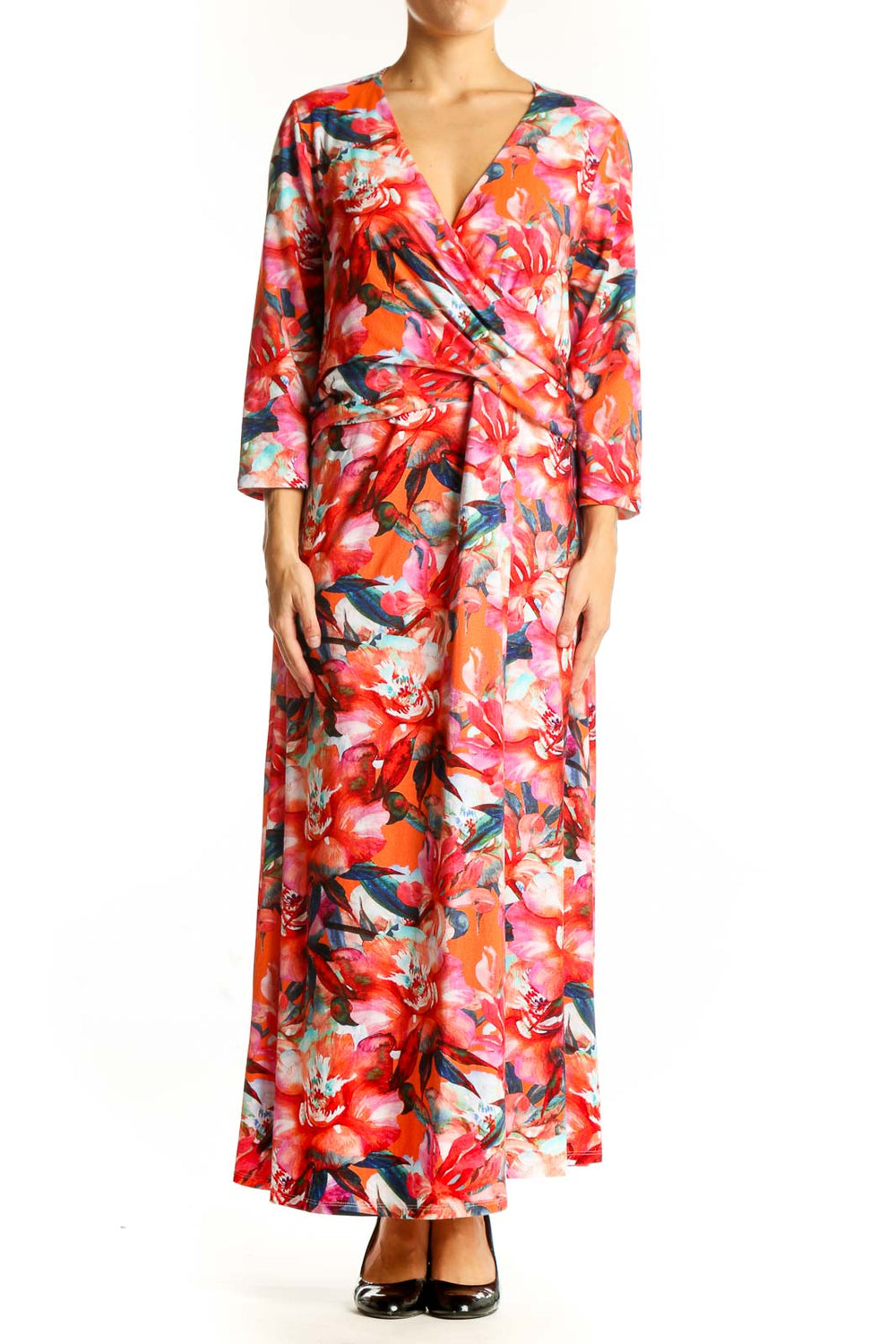 Front view of Red Floral Wrap Maxi Dress from Soft Surroundings