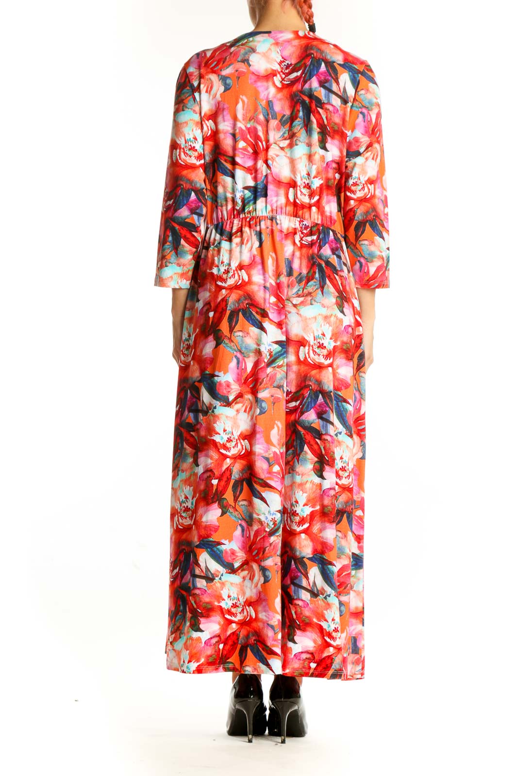 Side view of Red Floral Wrap Maxi Dress showing drape and fit