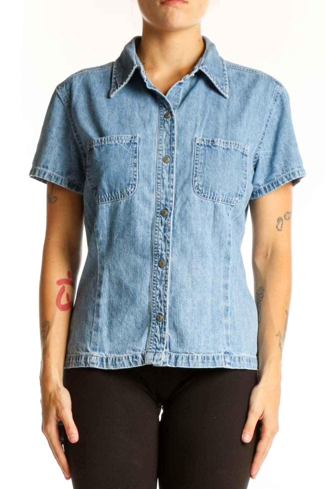 Front view of Gap light blue denim short-sleeve button-up shirt