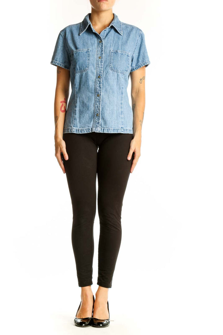 Front view of Gap light blue denim short-sleeve button-up shirt