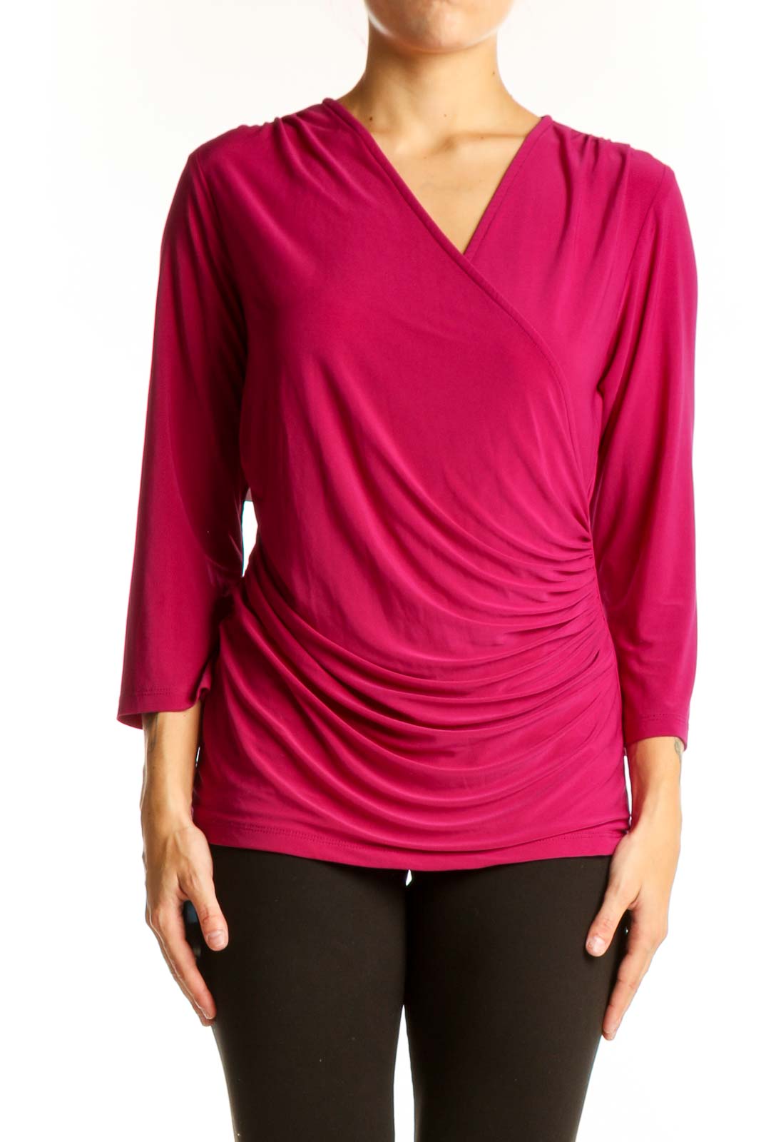 Front view of fuchsia Last Tango wrap-style top with ruched detailing