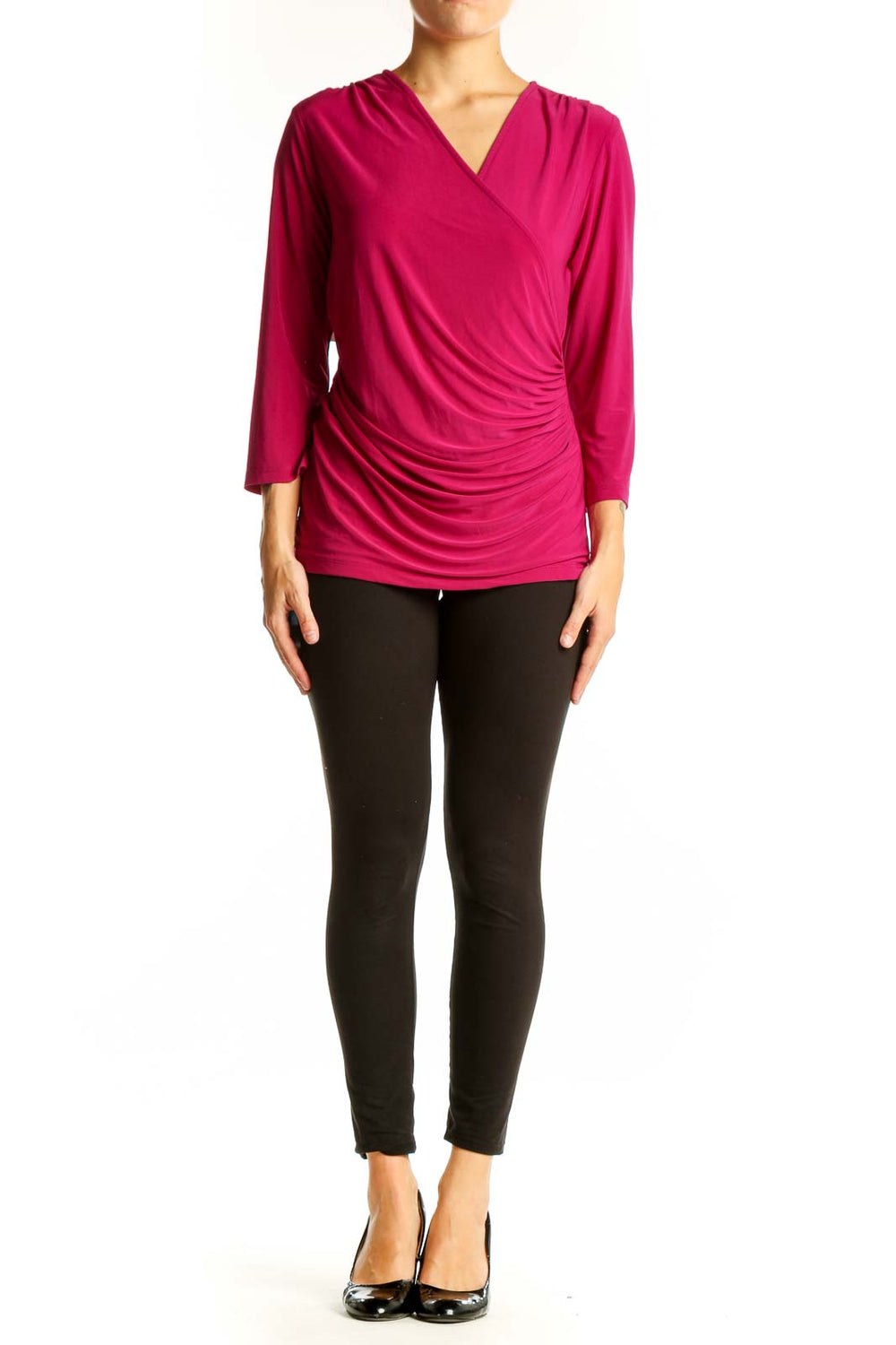 Front view of fuchsia Last Tango wrap-style top with ruched detailing