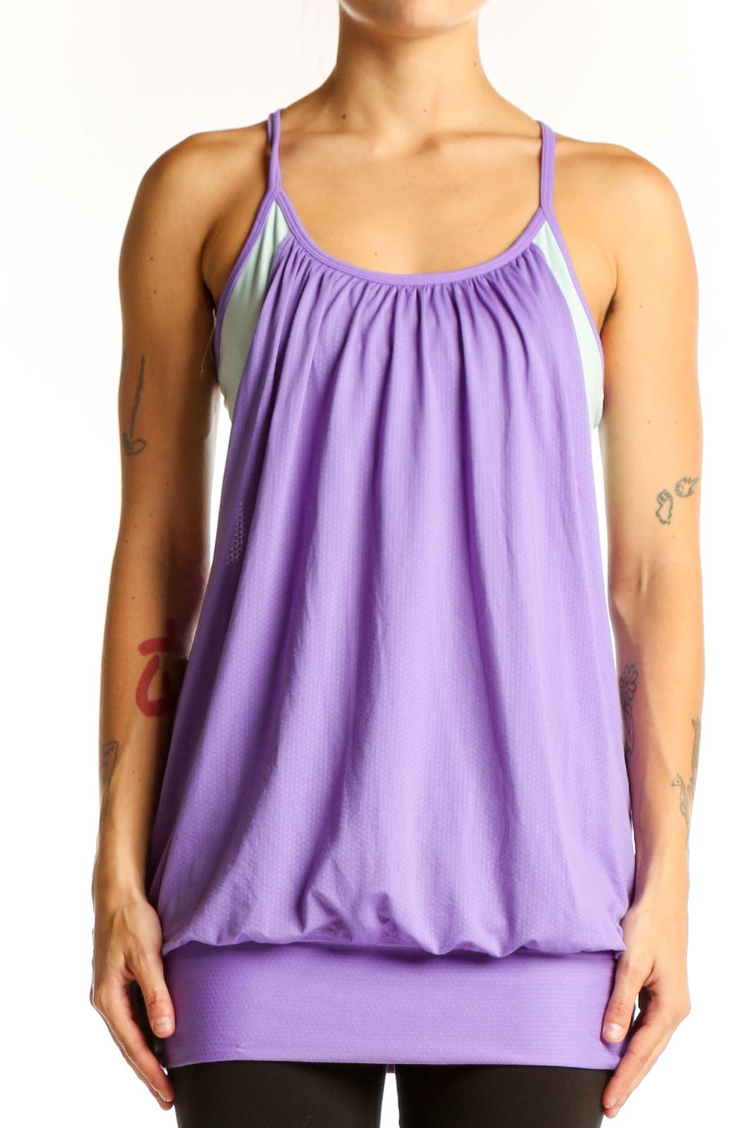 Front view of purple Lululemon flowy workout tank top
