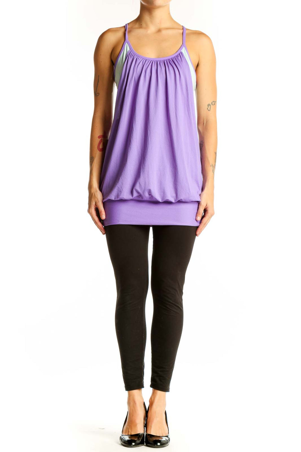Front view of purple Lululemon flowy workout tank top