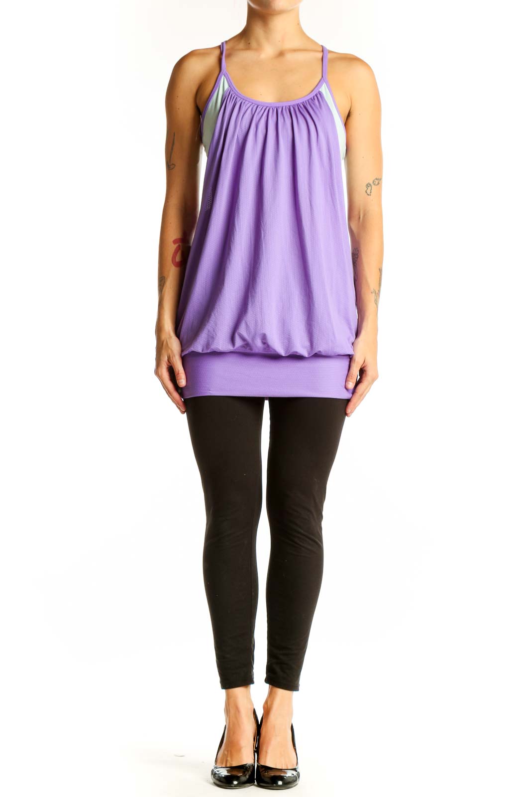 Front view of purple Lululemon flowy workout tank top