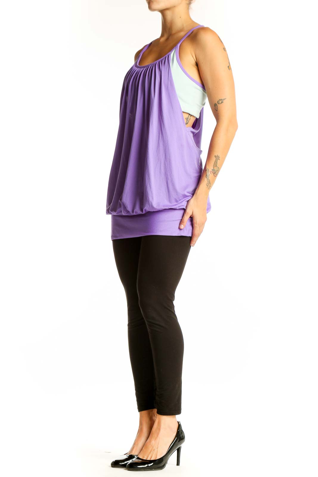 Front view of purple Lululemon flowy workout tank top