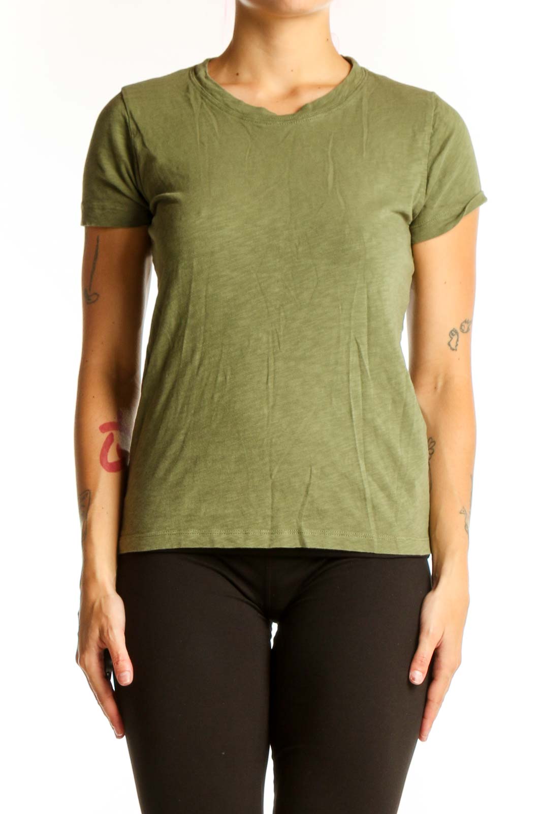 Front view of olive green J.Crew cotton t-shirt
