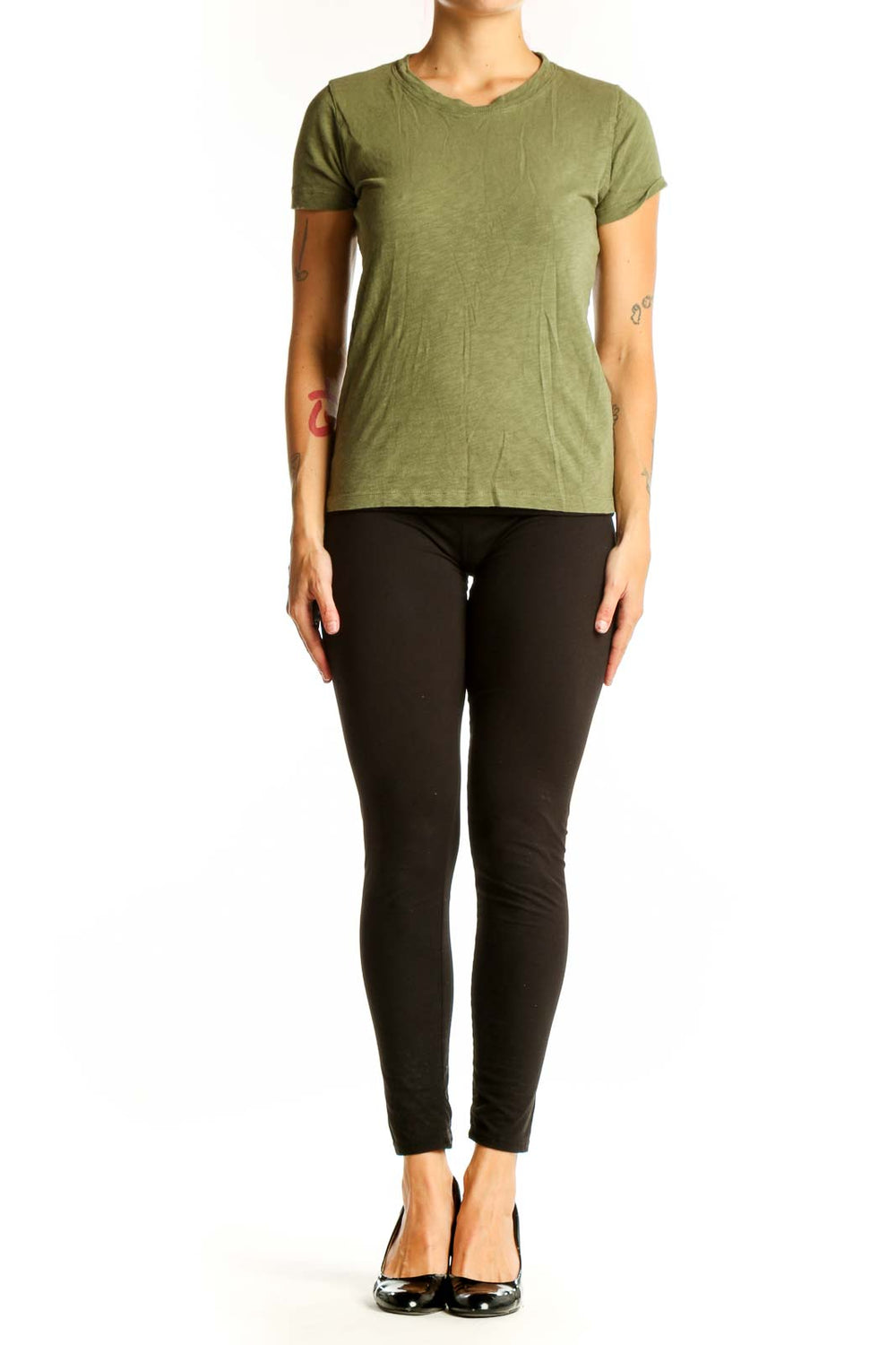 Front view of olive green J.Crew cotton t-shirt