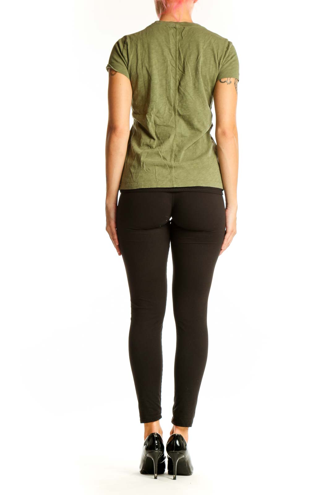 Back view of olive green J.Crew cotton t-shirt on model with black pants