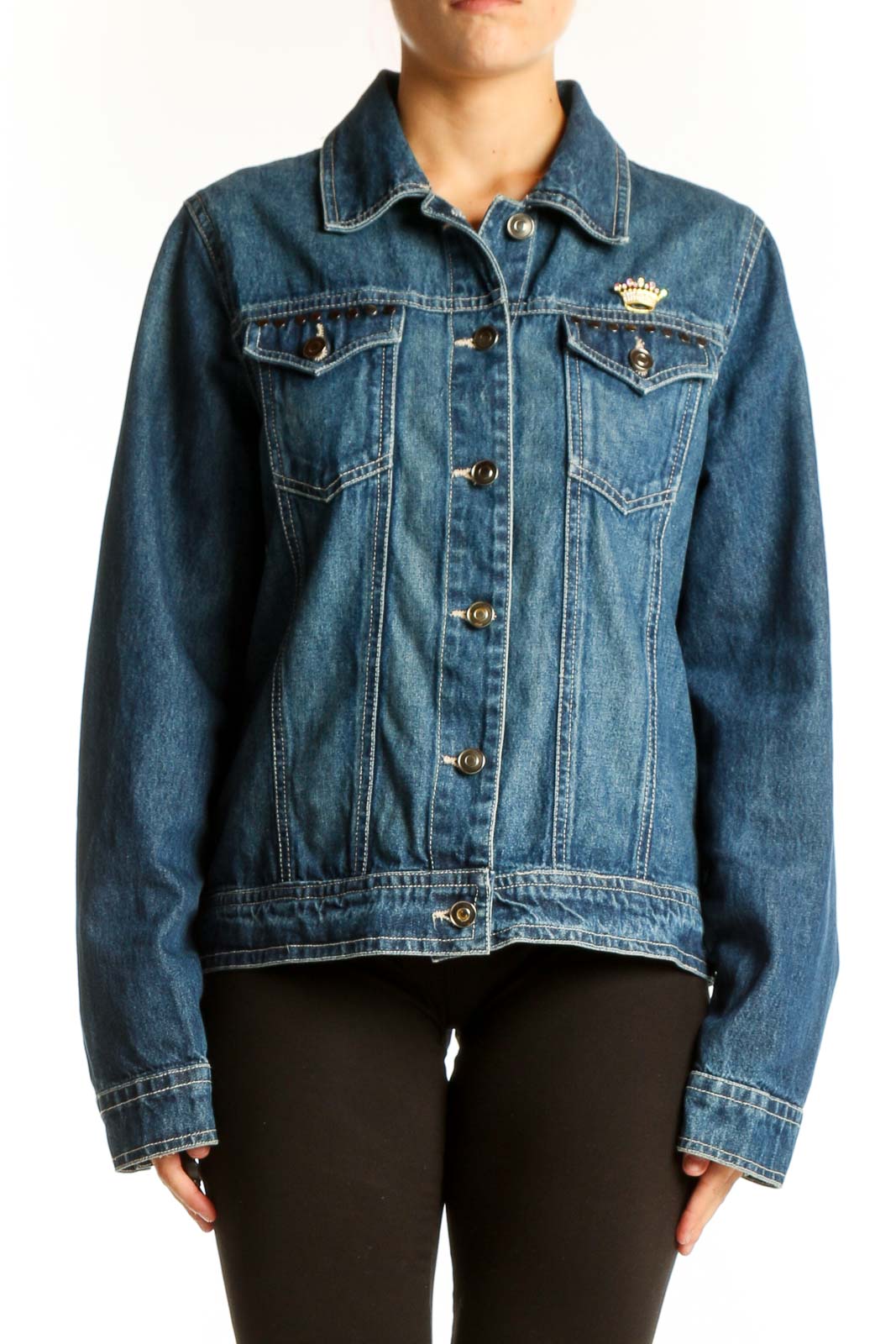 Front view of Red Ranch blue denim jacket with gold crown emblem on chest pocket