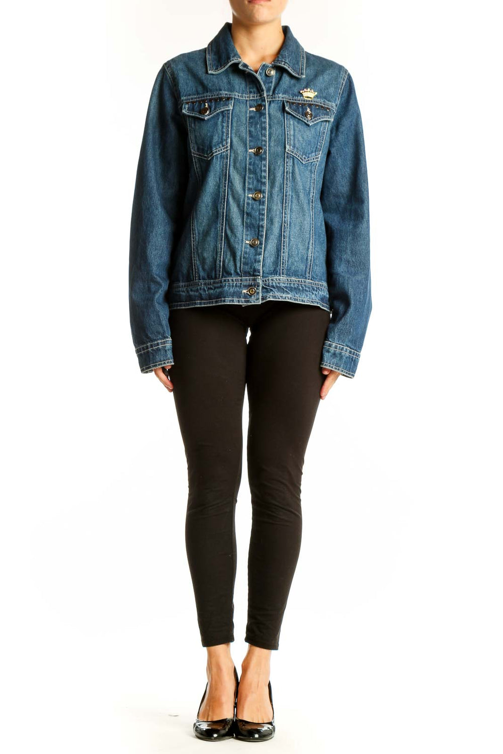 Front view of Red Ranch blue denim jacket with gold crown emblem on chest pocket