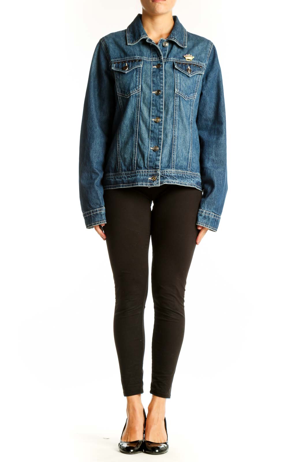 Front view of Red Ranch blue denim jacket with gold crown emblem on chest pocket