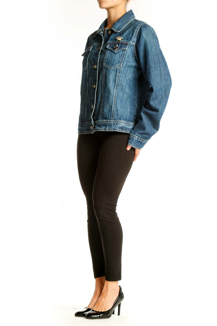 Front view of Red Ranch blue denim jacket with gold crown emblem on chest pocket