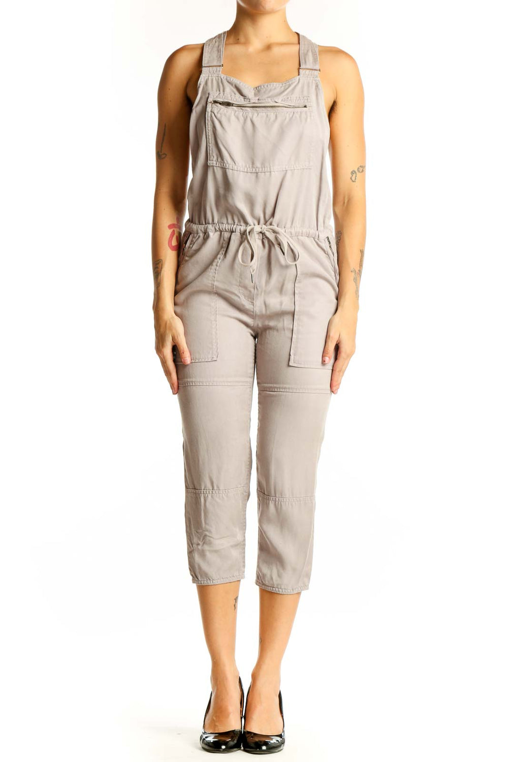 Front view of Wilfred Free beige Lyocell capri jumpsuit with square neckline