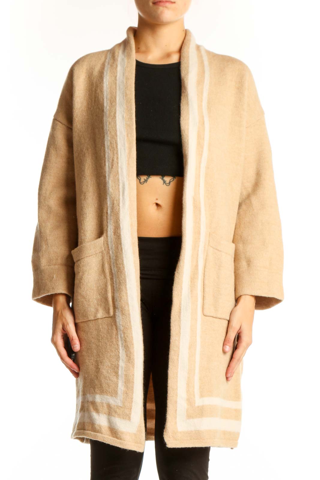 Front view of JMcLaughlin beige Merino wool long cardigan with shawl collar