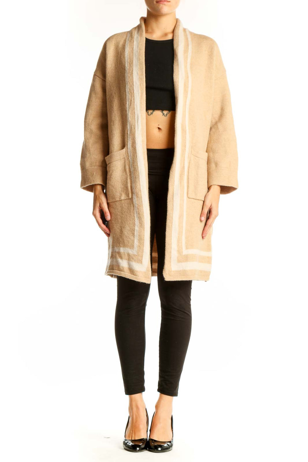 Front view of JMcLaughlin beige Merino wool long cardigan with shawl collar