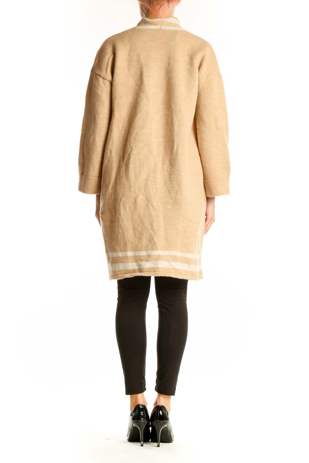 Side view of model wearing JMcLaughlin beige Merino wool long cardigan