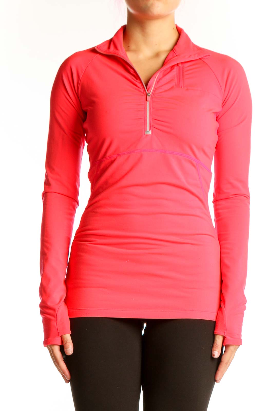 Front view of coral Athleta half-zip long sleeve athletic top