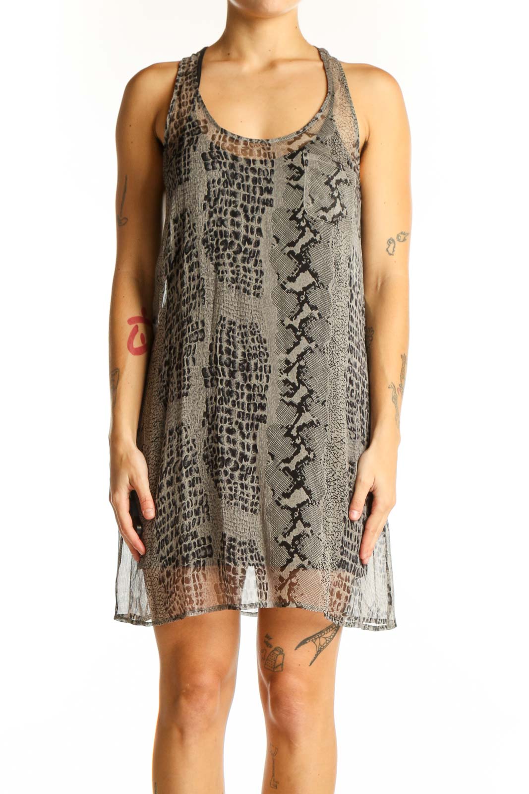 Front view of Joie gray snake print sleeveless mini dress