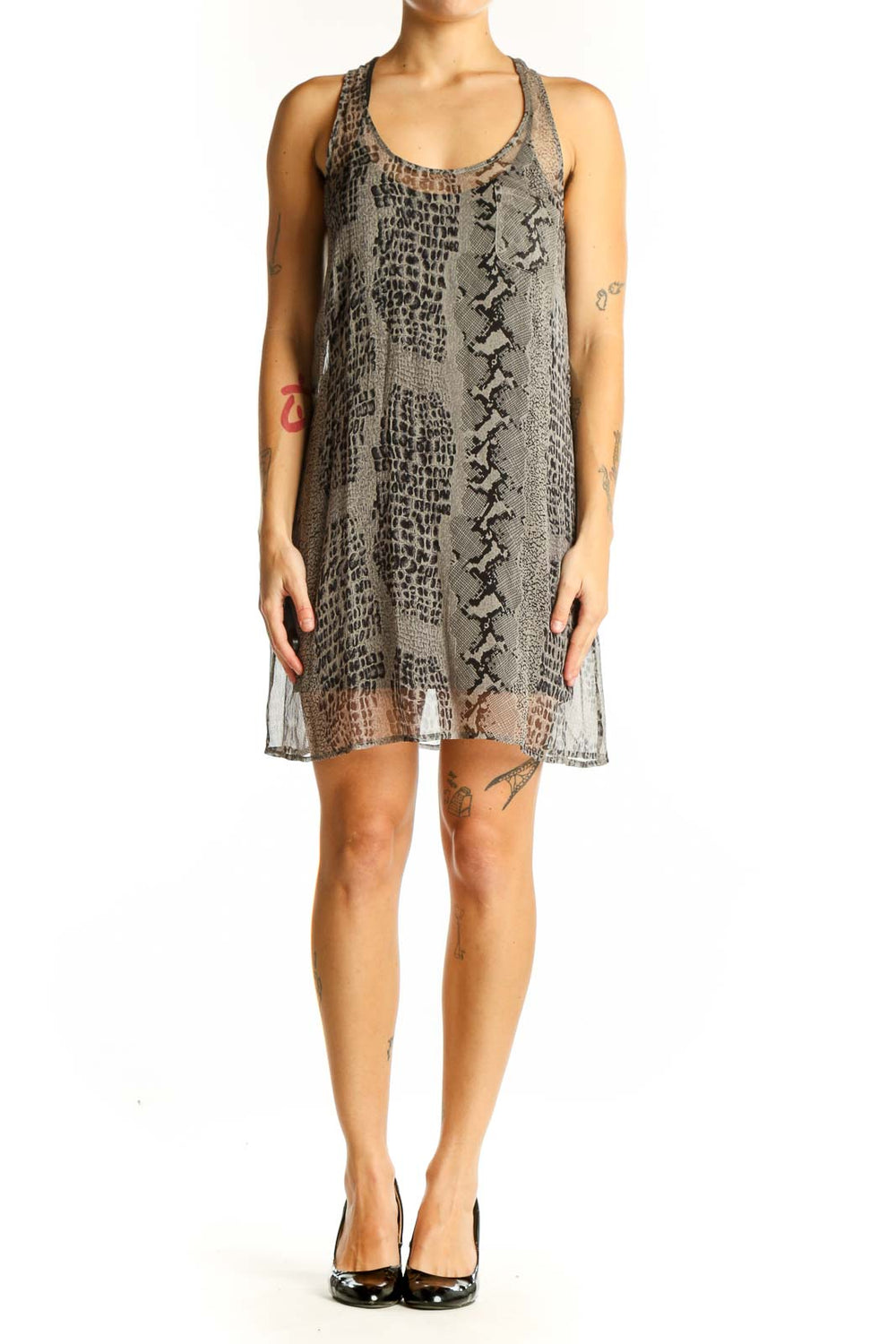 Front view of Joie gray snake print sleeveless mini dress