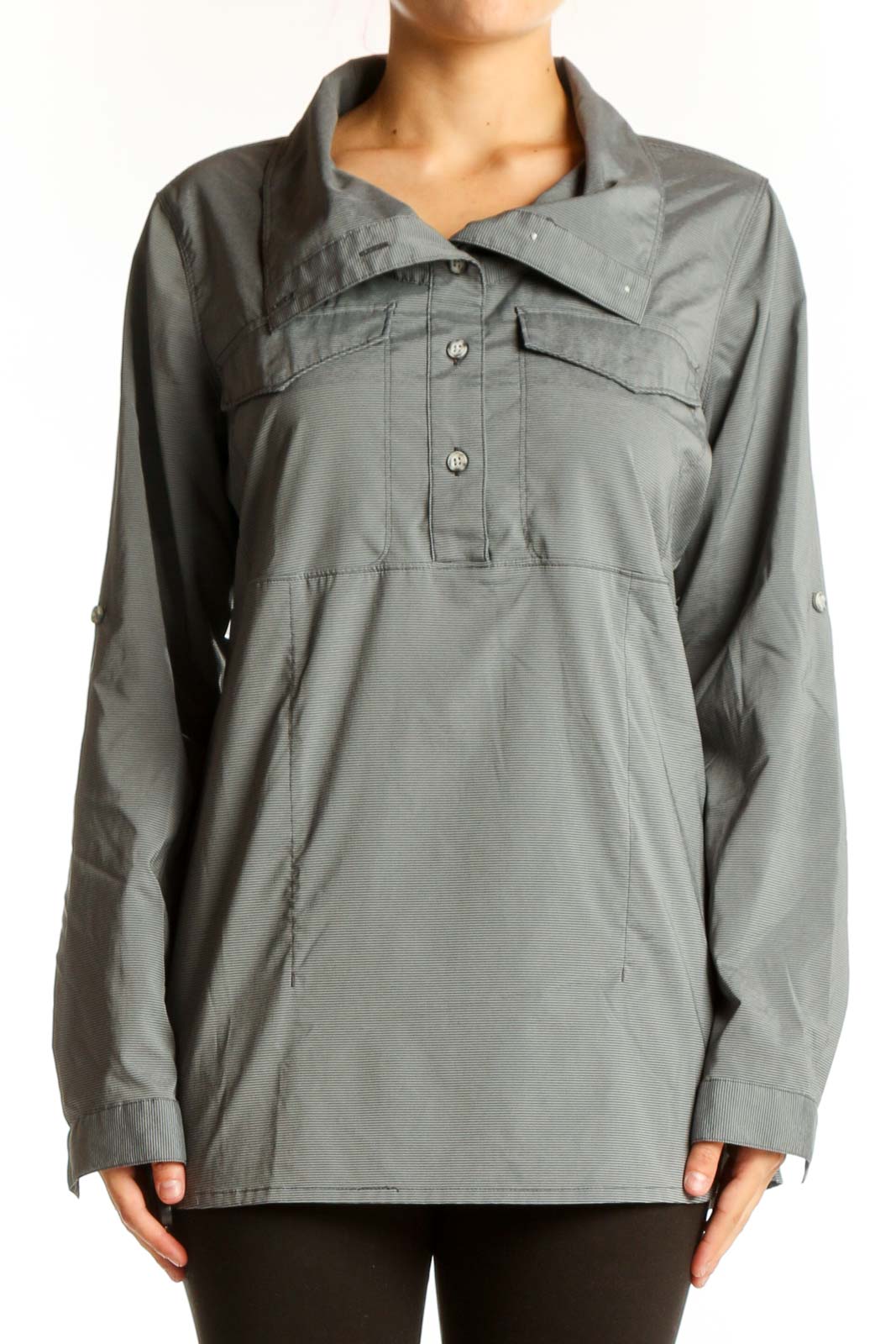 Front view of gray Mountain Hard Wear performance long-sleeve top with asymmetrical placket