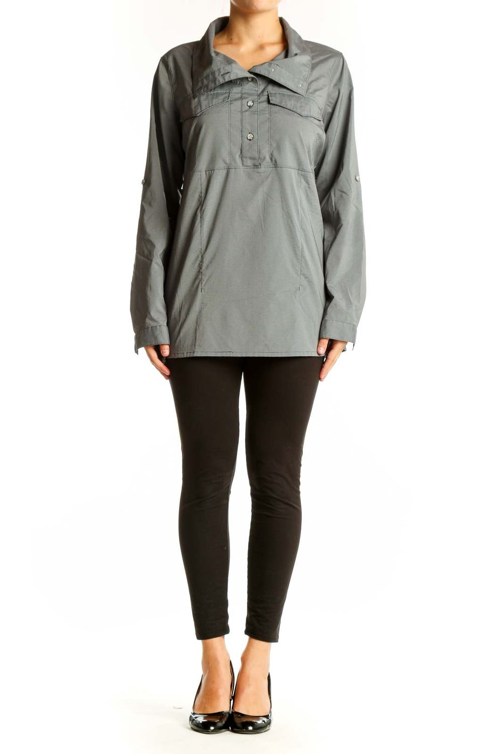 Front view of gray Mountain Hard Wear performance long-sleeve top with asymmetrical placket