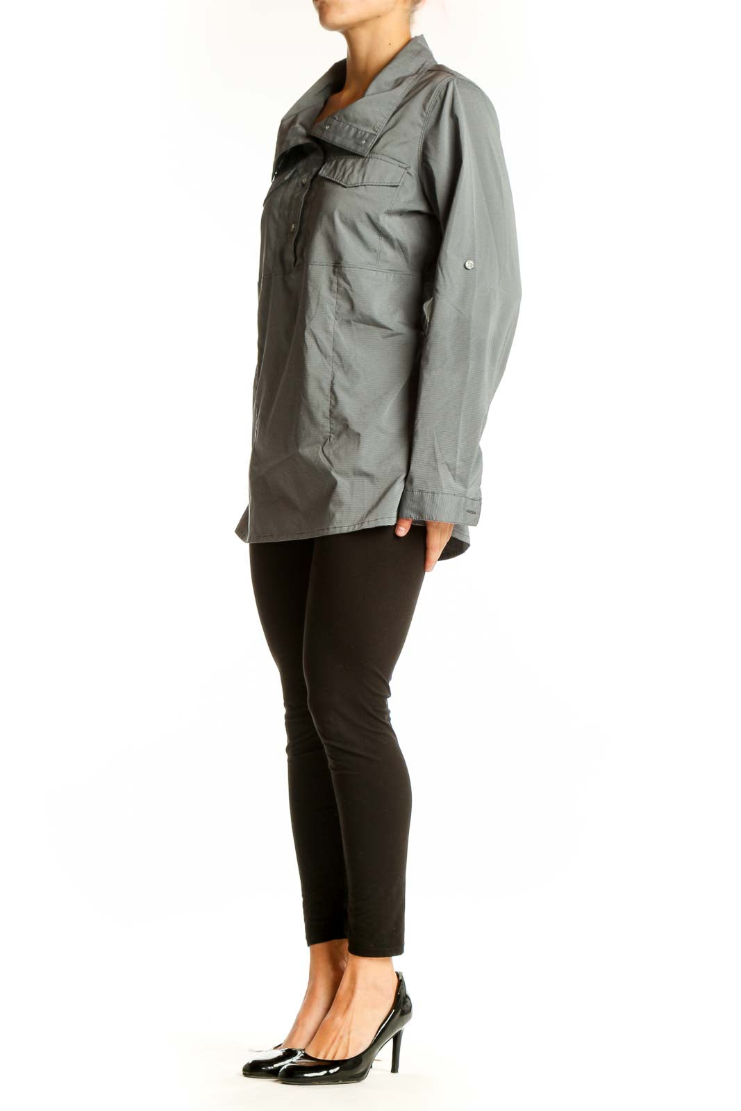 Front view of gray Mountain Hard Wear performance long-sleeve top with asymmetrical placket